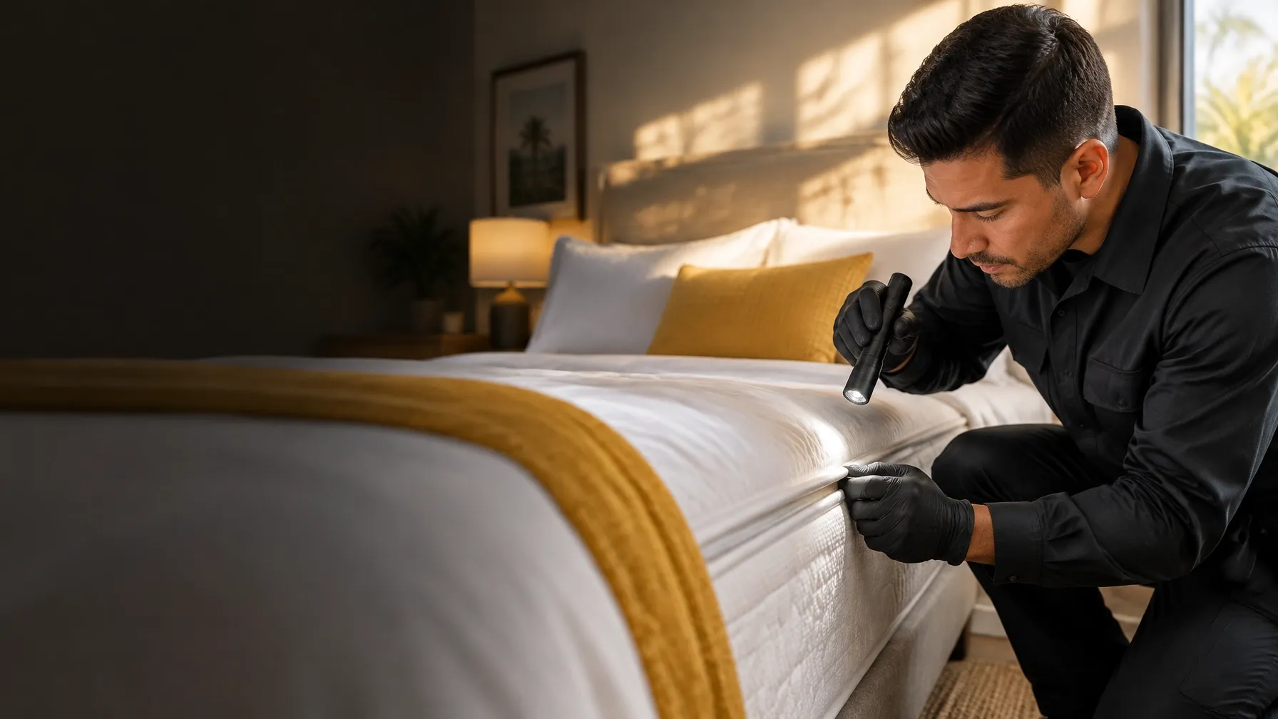 Pest control professional carefully inspecting a mattress seam